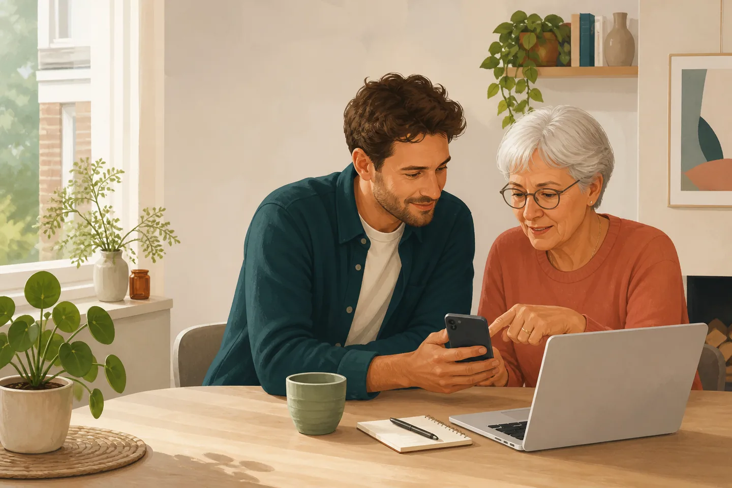 Illustration d’un accompagnement calme dans l’utilisation d’un smartphone